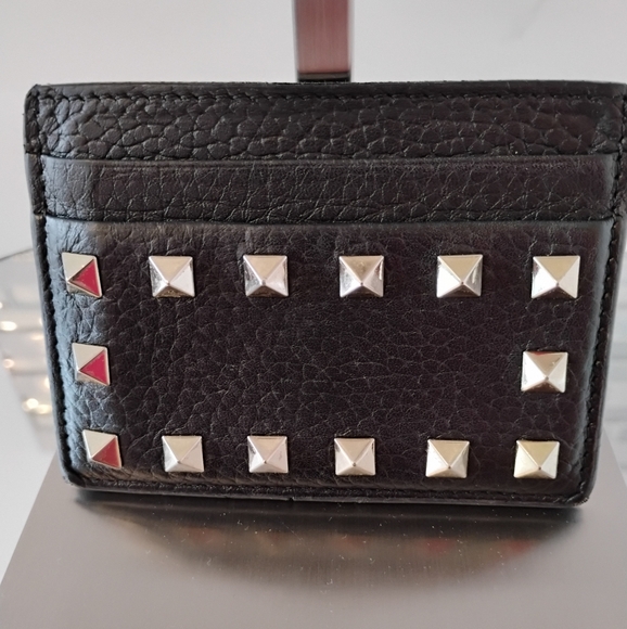 Valentino Garavani Card Holder - Black Studded Pebbled Leather - Picture 1 of 14